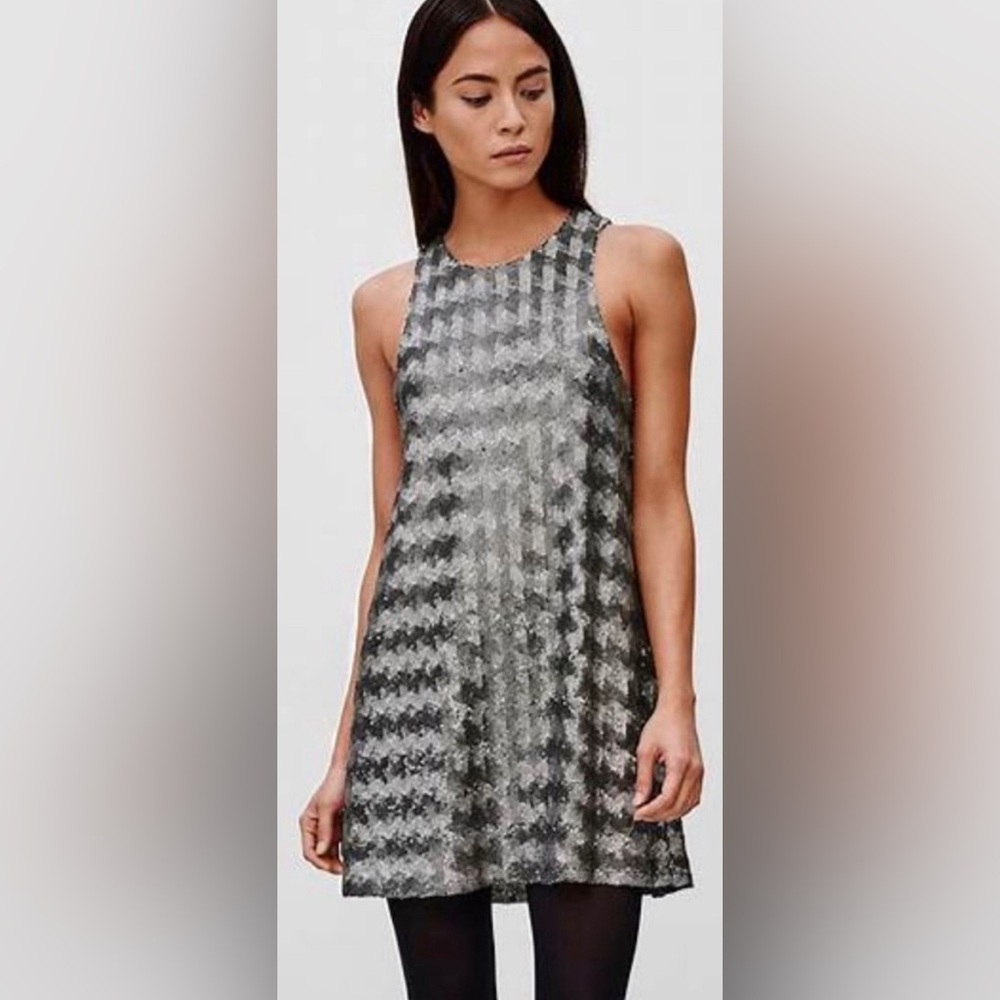Aritzia Talula Sequin Matte Silver Canterbury Sleeveless Mini Dress EUC Size M